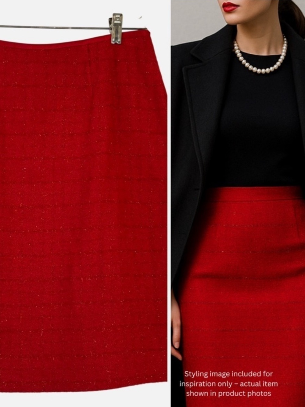 Metallic Red Tweed Bouclé Pencil Skirt 8P Coco Core MobWife Holiday Event Luxe